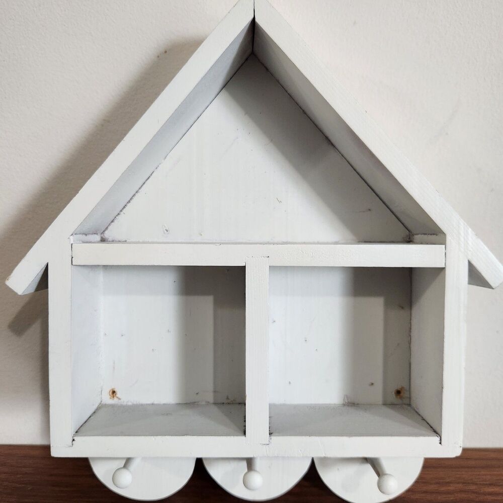 Vintage Wood House Shaped Wall Shelf Trinket Curio Cottagecore Decorative Hooks - Picture 2 of 13